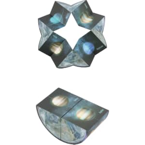 A multicoloured 3D Flips Puzzle Disc Magic Cube featuring starry and planet-themed designs, assembled in a star shape.