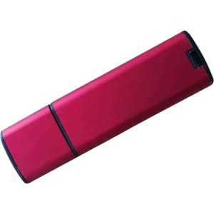 A red flash drive with a sleek design, featuring a black trim and a logo on its surface.