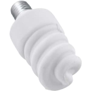 A white, spiral-shaped stress reliever designed to resemble an energy-saving lamp with a metal screw base.