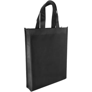 A black non-woven trade show bag with two handles and a simple design, featuring a logo.