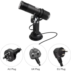 A black 25W LED logo projector light with adjustable mounting and different plug options displayed beneath it.
