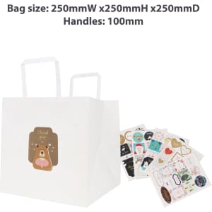 A flat handle kraft paper bag in white, featuring a decorative design, alongside assorted stickers.