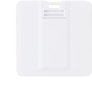 A white square flash drive featuring a slot for connection. It has a minimalist design and includes a logo.