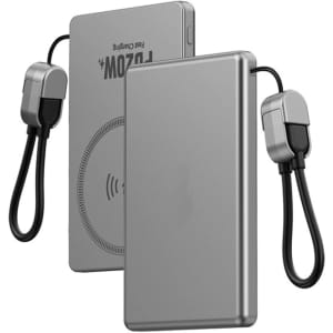 A silver 5000mAh aluminum magnetic power bank with a black charging cable attached. It features a logo on the surface.