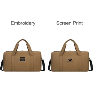 A durable duffle bag in tan colour featuring handles, a removable shoulder strap, and a branding logo option.