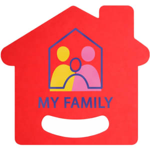 A red fan in the shape of a house, featuring a simple family graphic and a handle cut-out at the bottom.