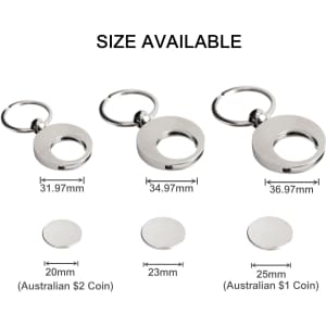 A round silver trolley coin keyring, featuring multiple sizes for Australian coins, attached to a keyring.