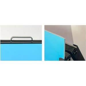 A black metal A-frame sign with a blue panel, featuring a handle for easy movement and a close-up of the frame corner.