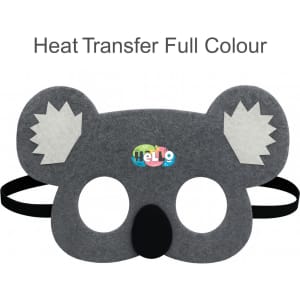 A grey koala felt mask with white ears and cut-out eyes, featuring a colourful logo.