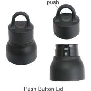 A drink bottle in matte black with a push button lid and a handle for easy carrying. Features a sleek, insulated design.