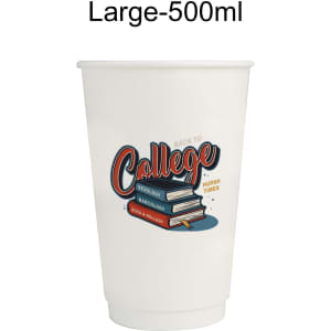 A large, 500ml white compostable paper cup featuring a colourful graphic design with books and text. The cup has a logo.