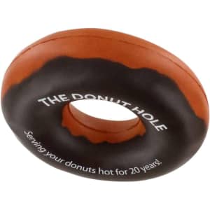 A donut-shaped stress reliever in brown and orange, featuring a circular hole in the centre and a logo.