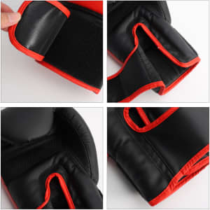 Kids boxing gloves in black with red accents, featuring padded protection and adjustable Velcro straps.