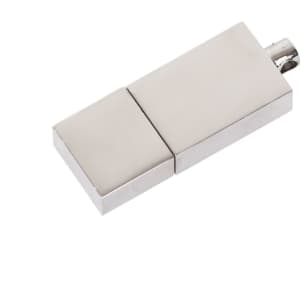 A silver flash drive with a sleek, minimalist design, featuring a metallic finish and a subtle logo.