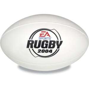 A white stress Australian football with a logo and text, featuring a smooth surface and classic shape.
