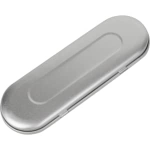 A silver tin with a black foam insert, designed for pen packaging. It has a smooth metallic finish.