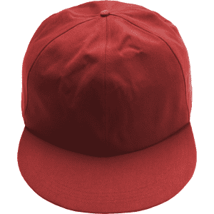 A red giant baseball cap with a flat brim and a structured crown, featuring a logo on the front.
