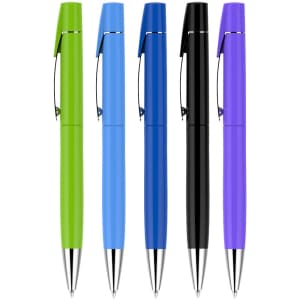 A set of five pens in green, blue, light blue, black, and purple, featuring a logo on each.