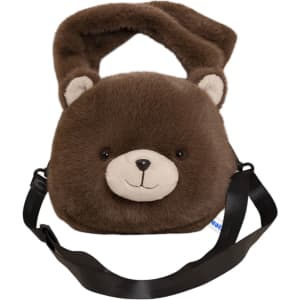 A brown plush handbag shaped like a bear, featuring a soft texture and a smiley face, with a detachable strap.