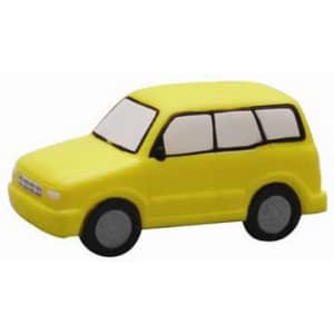 A yellow minibus-shaped stress reliever with black wheels and windows. Features a logo.