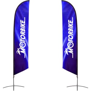 Two large angled feather banners in blue, featuring a logo, set up on stands for display.