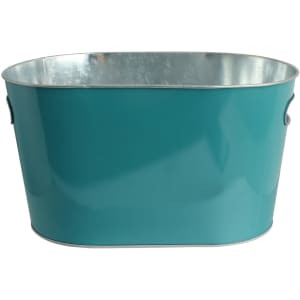 A teal oval ice bucket with a metallic inner lining and side handles. It includes a logo.