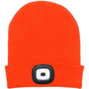 An orange beanie featuring a front light panel and a black base for the light.