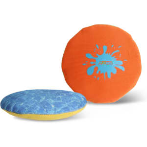 A blue and yellow disc and an orange disc featuring a splash design. Both have a logo.