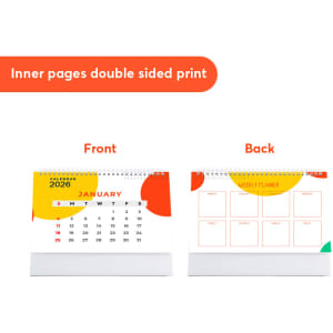 A desk calendar featuring a vibrant design with red, yellow, and white colours, showcasing months and a weekly planner.