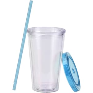 A transparent plastic cup with a blue lid and straw. The cup is 16oz sized and includes a logo.