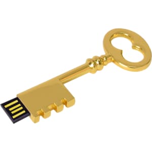 A golden key-shaped flash drive with a USB connector, featuring a sleek and shiny design.