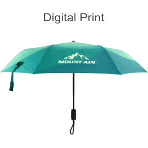 A 21'' automatic compact folding umbrella in teal and green with a handle and a logo.