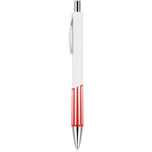 A plastic pen with a creamy white barrel and red accents, featuring a silver clip and tip.
