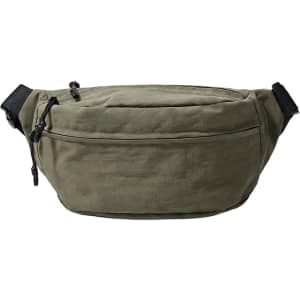 A large bum bag in olive green with a zippered front pocket and an adjustable black strap.