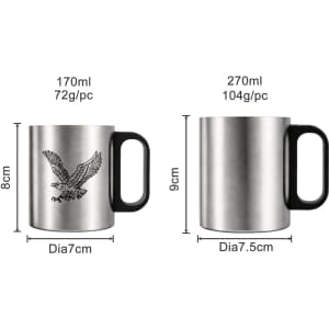 A stainless steel insulated mug with a plastic handle, available in 170ml and 270ml sizes, features a logo.