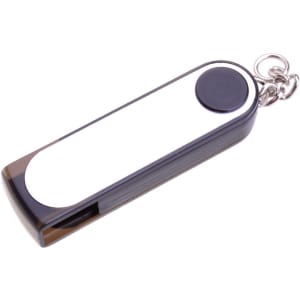 A black and white flash drive with a keychain attachment, featuring a rounded end and a push button.