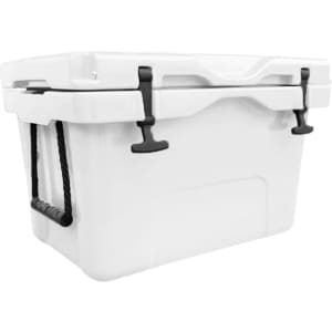 A white 35L cooler box with black handles and clasps, featuring a sturdy design and branding logo.