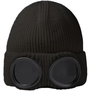 A black beanie with large round goggles attached, featuring a ribbed texture and a simple design.