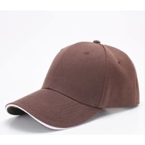 A brown 6-panel cap featuring a curved brim and a contrasting trim, with an inbuilt logo.