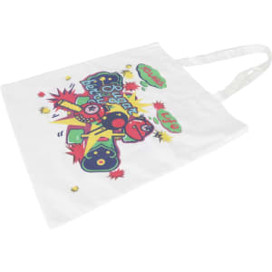A white cotton bag featuring a colourful graphic design and long handles. It has a logo prominently displayed.
