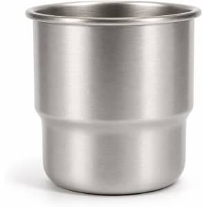 A stainless steel camping mug with a round bottom, featuring a brushed metallic finish and a simple design.