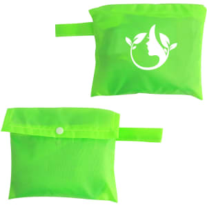 A bright green mesh beach toy bag with a logo, featuring a secure flap and a handle for easy carrying.