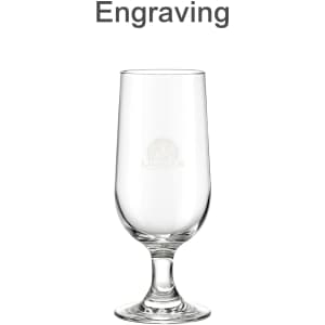 A clear goblet glass with a tall stem and a logo etched into the surface.