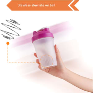 A drink bottle featuring a pink lid and clear body, with a stainless steel shaker ball visible inside.