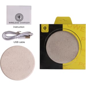 A wheat straw wireless charger in a circular shape, accompanied by a USB cable and instruction manual. The packaging features a logo.