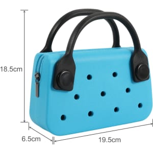 A blue EVA mini handbag with black handles and decorative holes, featuring a zip closure.