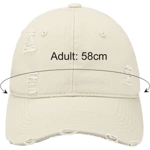A vintage baseball cap in beige with a distressed design. Features an adjustable strap and a logo on the front.