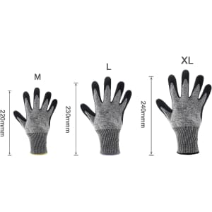 Cut resistant nitrile gloves in grey with black fingertips, displayed in three sizes: M, L, and XL.