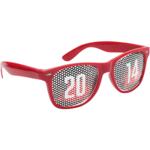 Red sunglasses featuring a unique pinhole design with numbers 20 and 14, and a logo on the arm.