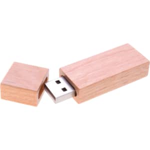 A wooden rectangular flash drive in light brown, featuring a removable cap and a USB connector.